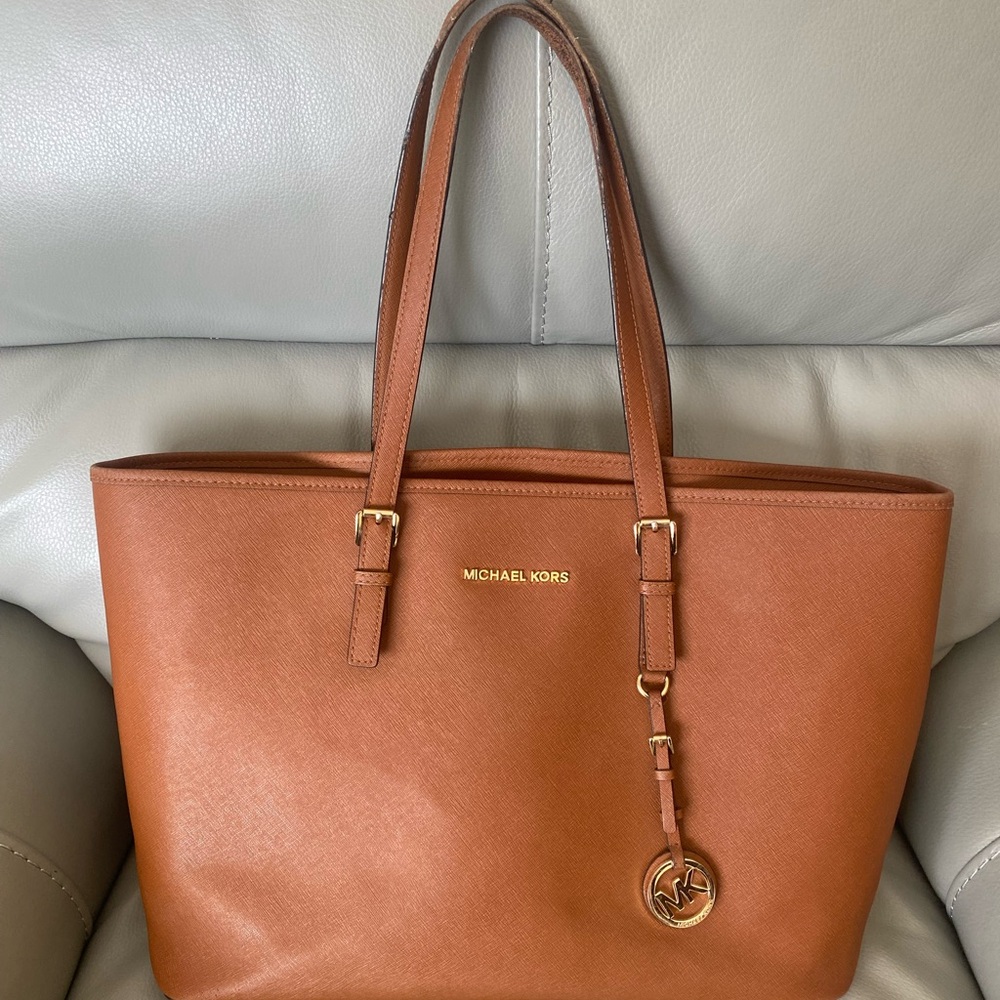 Michael Kors Cognac Leather Saffiano Tote with Gold Logo Charm